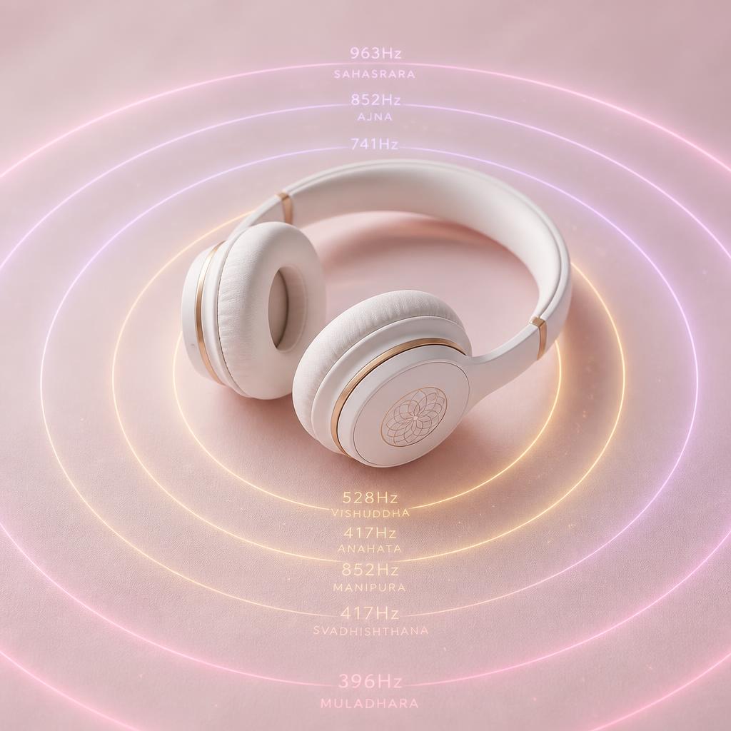 Headphones surrounded by glowing chakra frequency rings